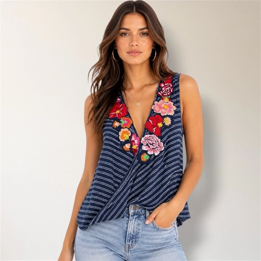 Free People XS Blue Striped Embroidered Faux Wrap Tank Boho Floral Top Festival‎